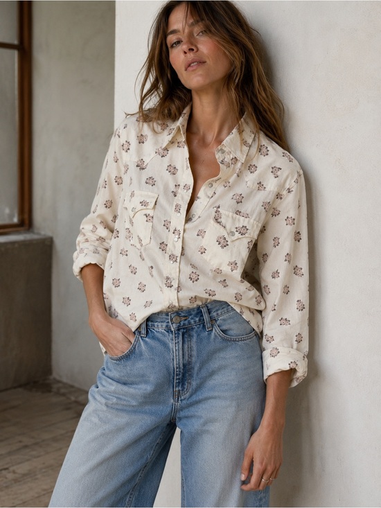 Vintage Tops - Vintage 70s Chute Cream Floral Pearl Snap Western Shirt Cowgirl Prairie Rodeo